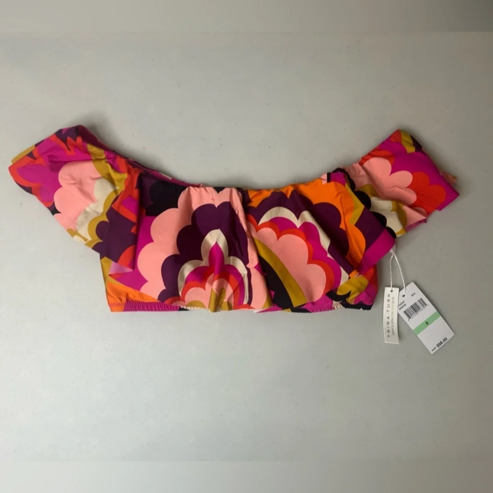 Trina Turk Fan Faire Off The Shoulder Ruffle Bandeau Swim Top Size 8 NWT - Picture 2 of 6